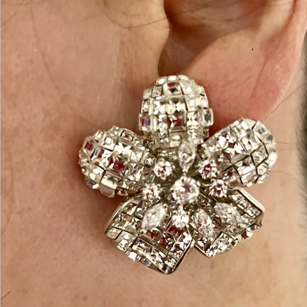 CZ Large Flower Clip Earring - Picture 1 of 4